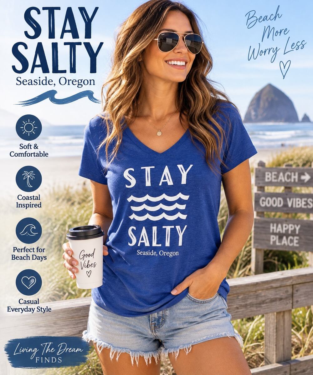 Stay Salty Seaside Oregon Women’s XL Blue V Neck Graphic T Shirt Coastal Beach
